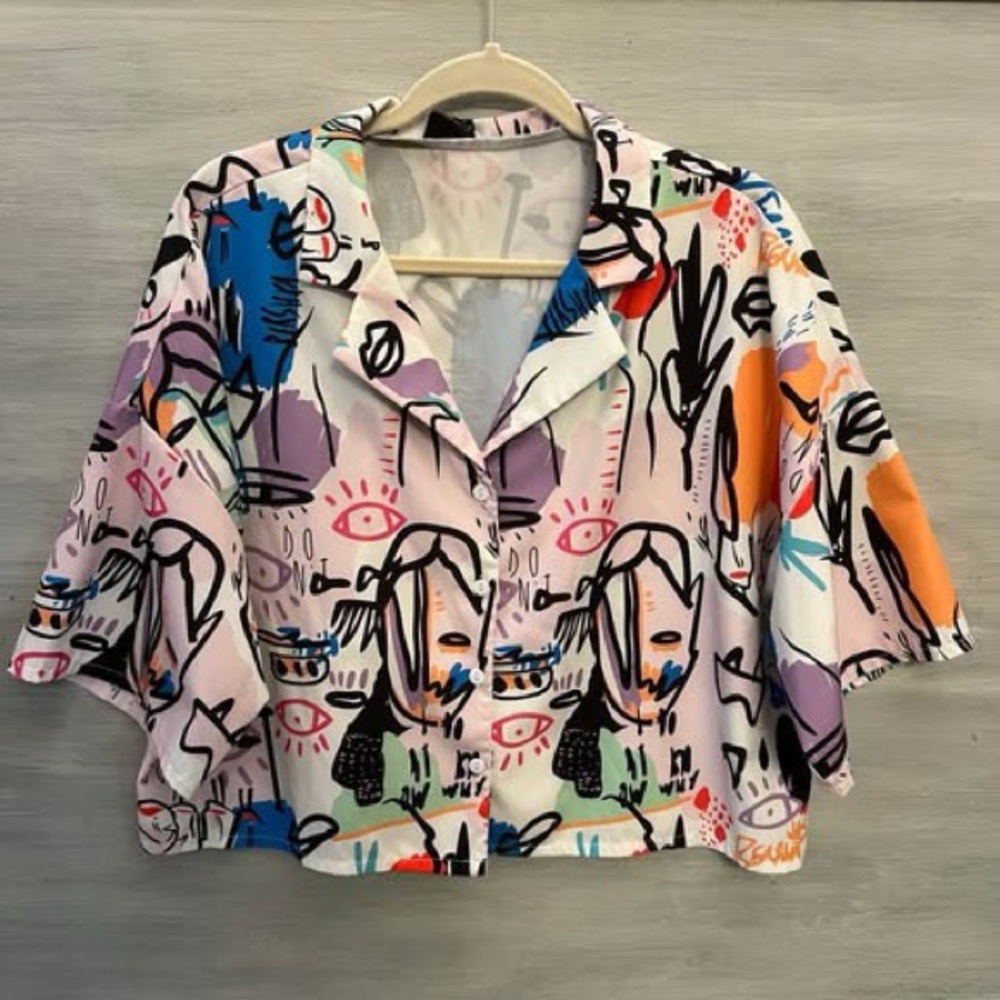 SHEIN Curve Colorful‎ Abstract Print Oversize Button Down Crop Top Blouse 2XL GC
